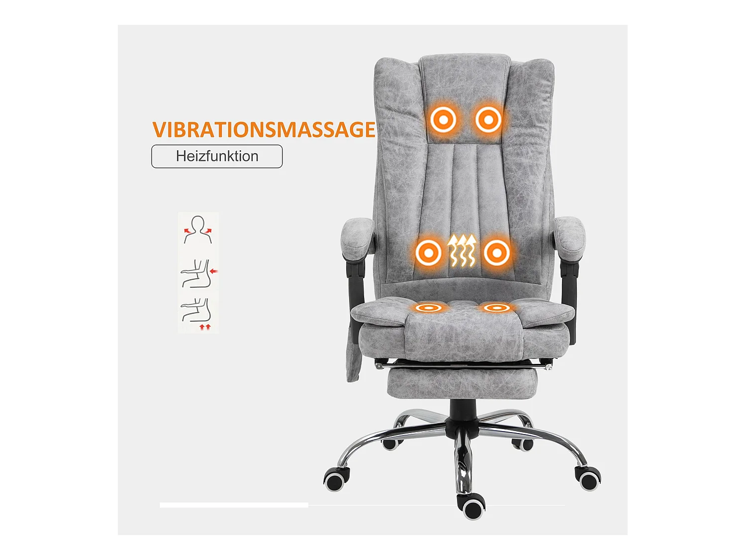 Chaise de massage avec chauffage, inclinable et fonction massage, repose-pieds, assise rembourrée épaisse, couleur gris