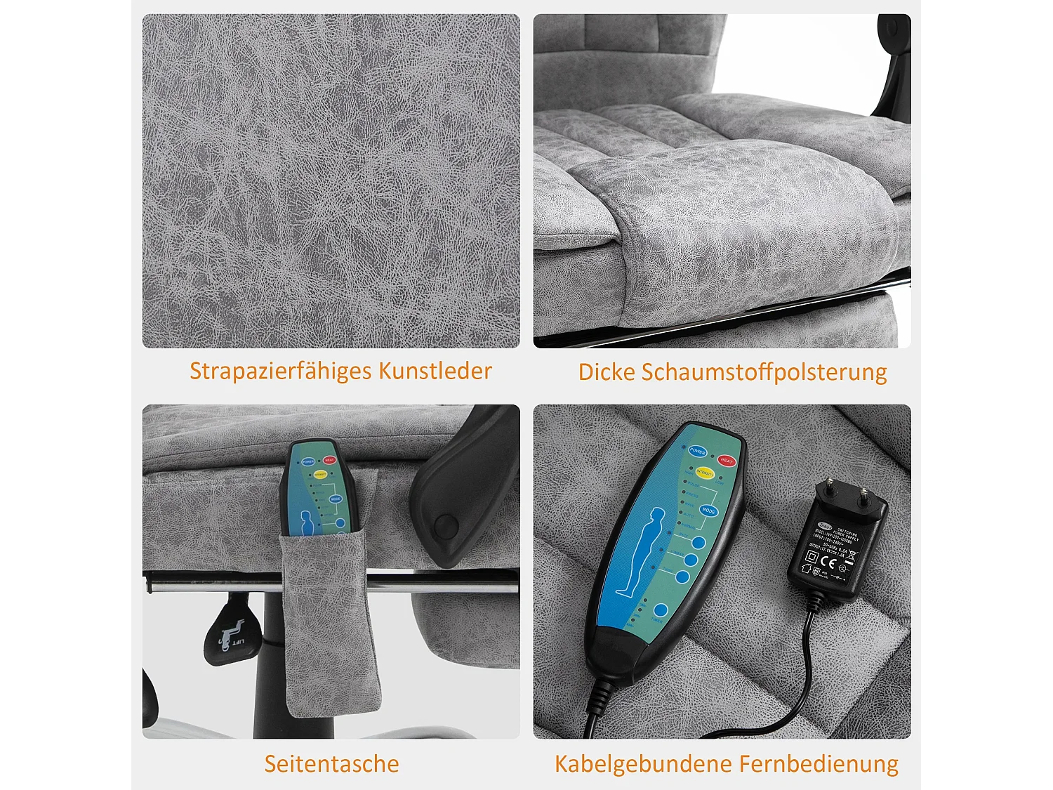 Chaise de massage avec chauffage, inclinable et fonction massage, repose-pieds, assise rembourrée épaisse, couleur gris