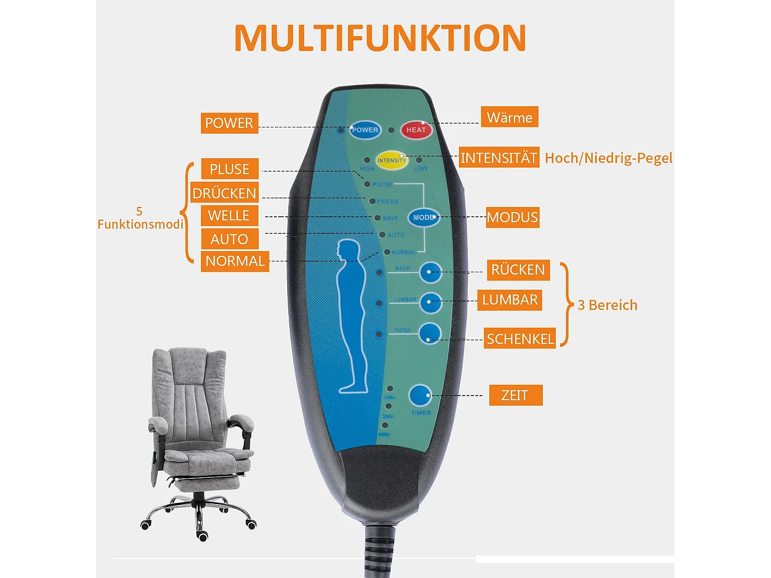 Chaise de massage avec chauffage, inclinable et fonction massage, repose-pieds, assise rembourrée épaisse, couleur gris