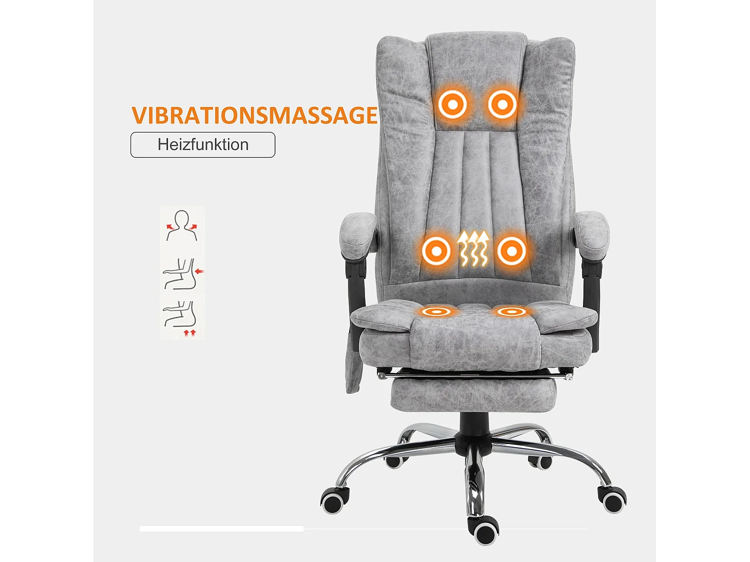 Chaise de massage avec chauffage, inclinable et fonction massage, repose-pieds, assise rembourrée épaisse, couleur gris