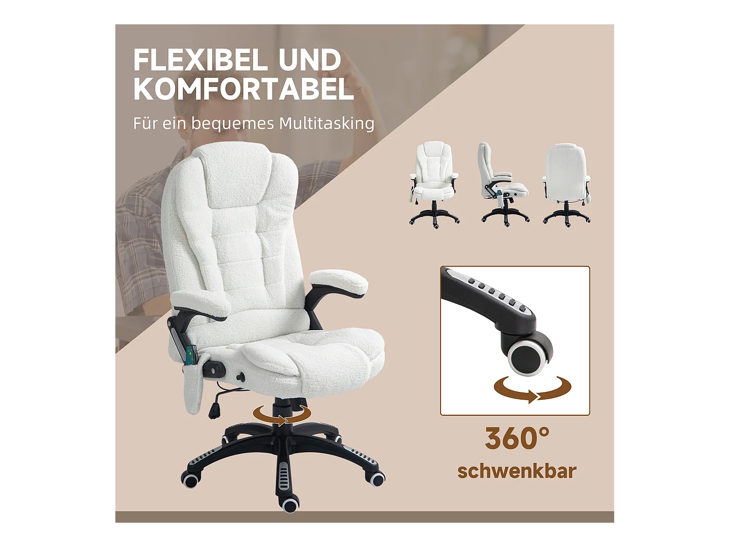 Chaise de bureau avec massage et chauffant, réglable, repose-pieds inclus, revêtement velours blanc, confortable et ergonomique