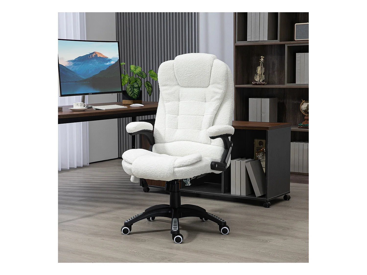 Chaise de bureau avec massage et chauffant, réglable, repose-pieds inclus, revêtement velours blanc, confortable et ergonomique
