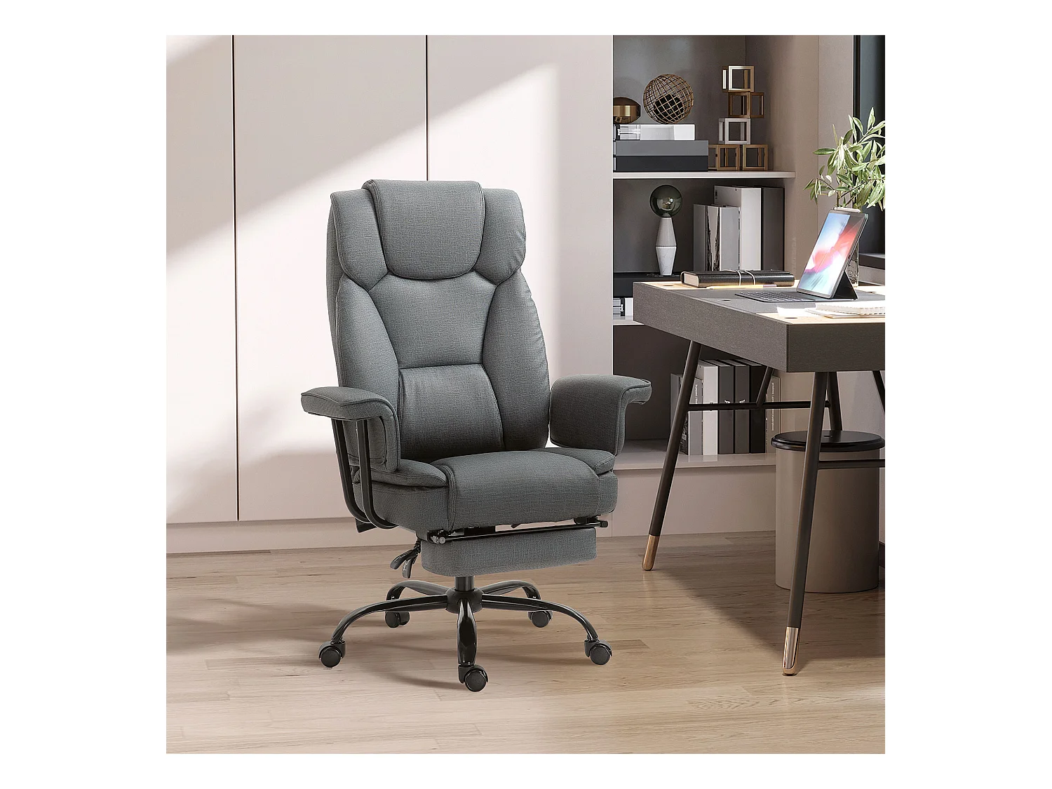 Chaise de bureau inclinable 150° avec appui-tête, ergonomique, réglable en hauteur, robuste jusqu'à 135 kg, gris,  pour travail et détente