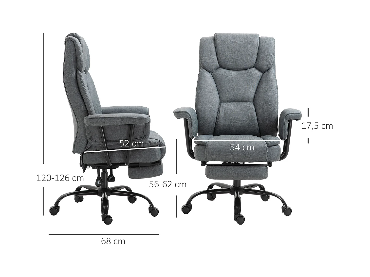 Chaise de bureau inclinable 150° avec appui-tête, ergonomique, réglable en hauteur, robuste jusqu'à 135 kg, gris,  pour travail et détente