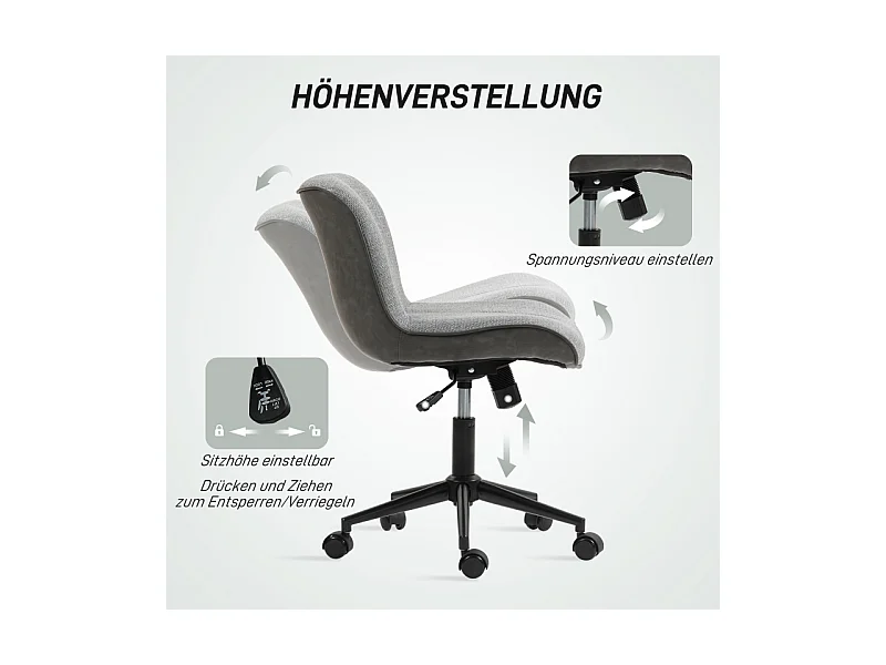 Draaibare bureaustoel zonder armleuningen, in hoogte verstelbaar voor thuiskantoor, schommelfunctie, bekleding in linnenlook, kleur grijs