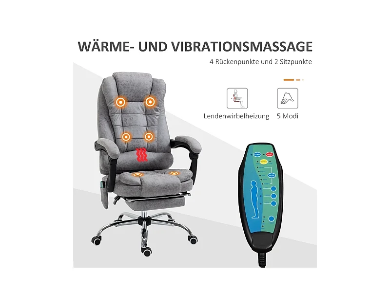 Chaise de bureau ergonomique avec massage et chauffage, télécommande incluse,  gris, pratique pour home office