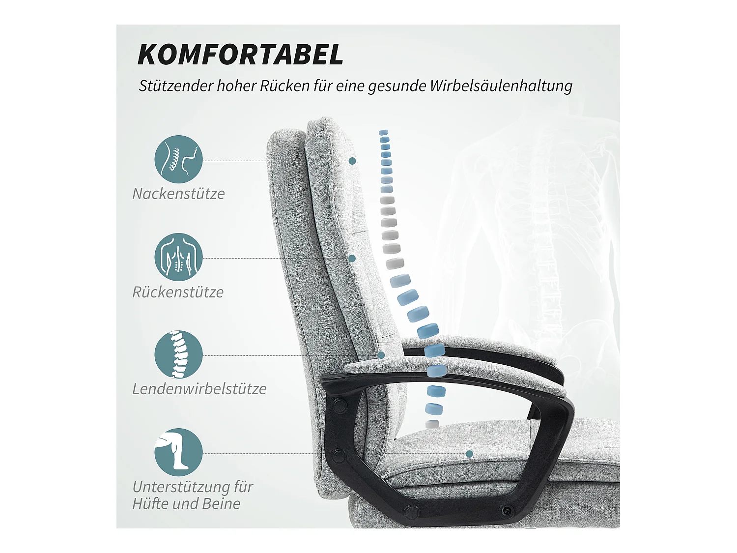 Fauteuil de bureau ergonomique avec accoudoirs, réglable en hauteur, pivotant avec fonction bascule, siège rembourré, tissu lin gris