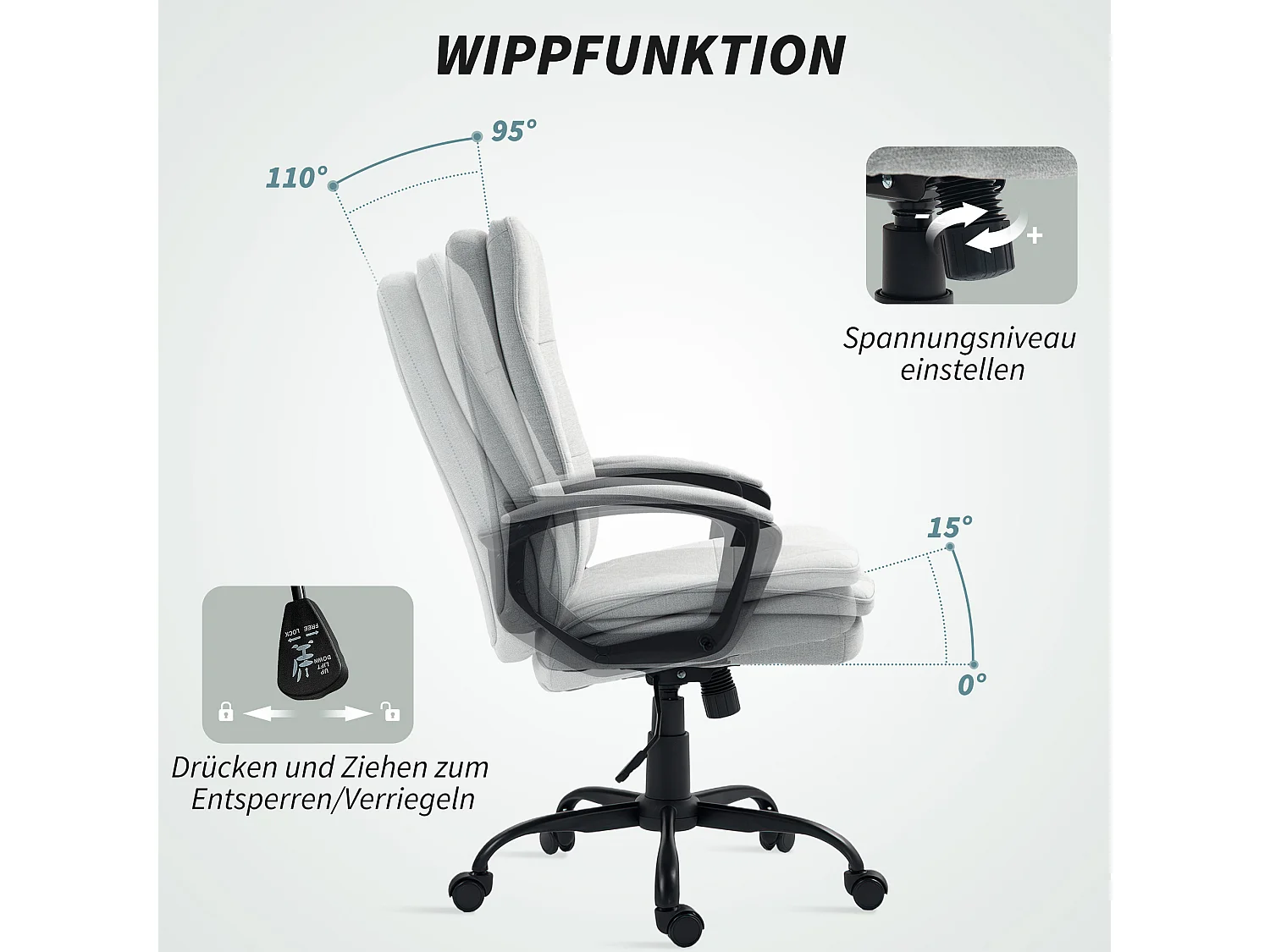 Fauteuil de bureau ergonomique avec accoudoirs, réglable en hauteur, pivotant avec fonction bascule, siège rembourré, tissu lin gris