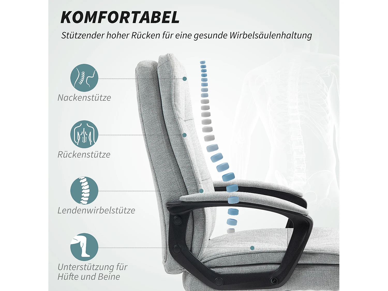 Fauteuil de bureau ergonomique avec accoudoirs, réglable en hauteur, pivotant avec fonction bascule, siège rembourré, tissu lin gris