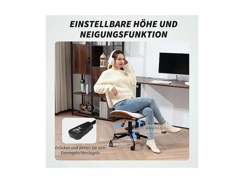 Chaise de bureau réglable avec roulettes, revêtement simili cuir blanc avec matelassage diamant, pivotante avec fonction bascule