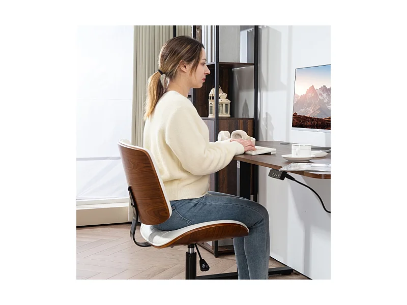 Chaise de bureau réglable avec roulettes, revêtement simili cuir blanc avec matelassage diamant, pivotante avec fonction bascule