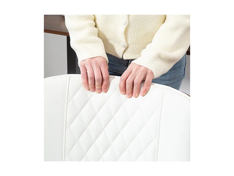 Chaise de bureau réglable avec roulettes, revêtement simili cuir blanc avec matelassage diamant, pivotante avec fonction bascule