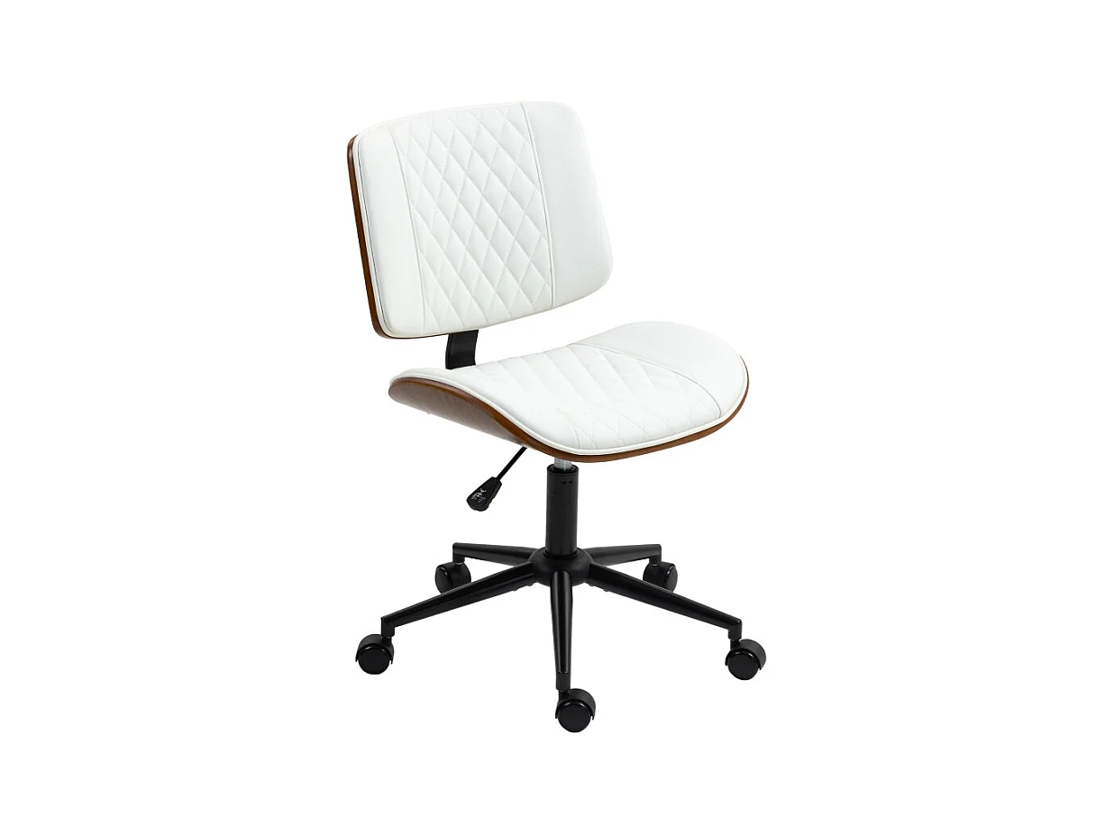 Chaise de bureau réglable avec roulettes, revêtement simili cuir blanc avec matelassage diamant, pivotante avec fonction bascule