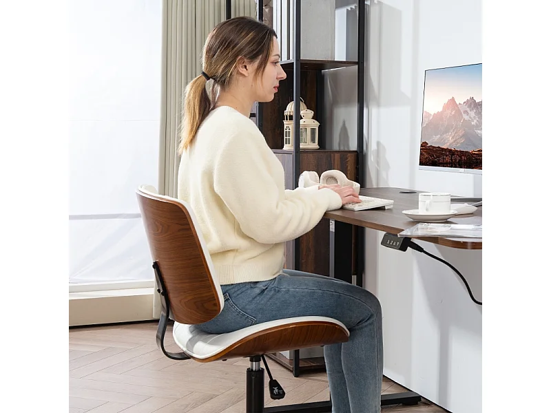 Chaise de bureau réglable avec roulettes, revêtement simili cuir blanc avec matelassage diamant, pivotante avec fonction bascule