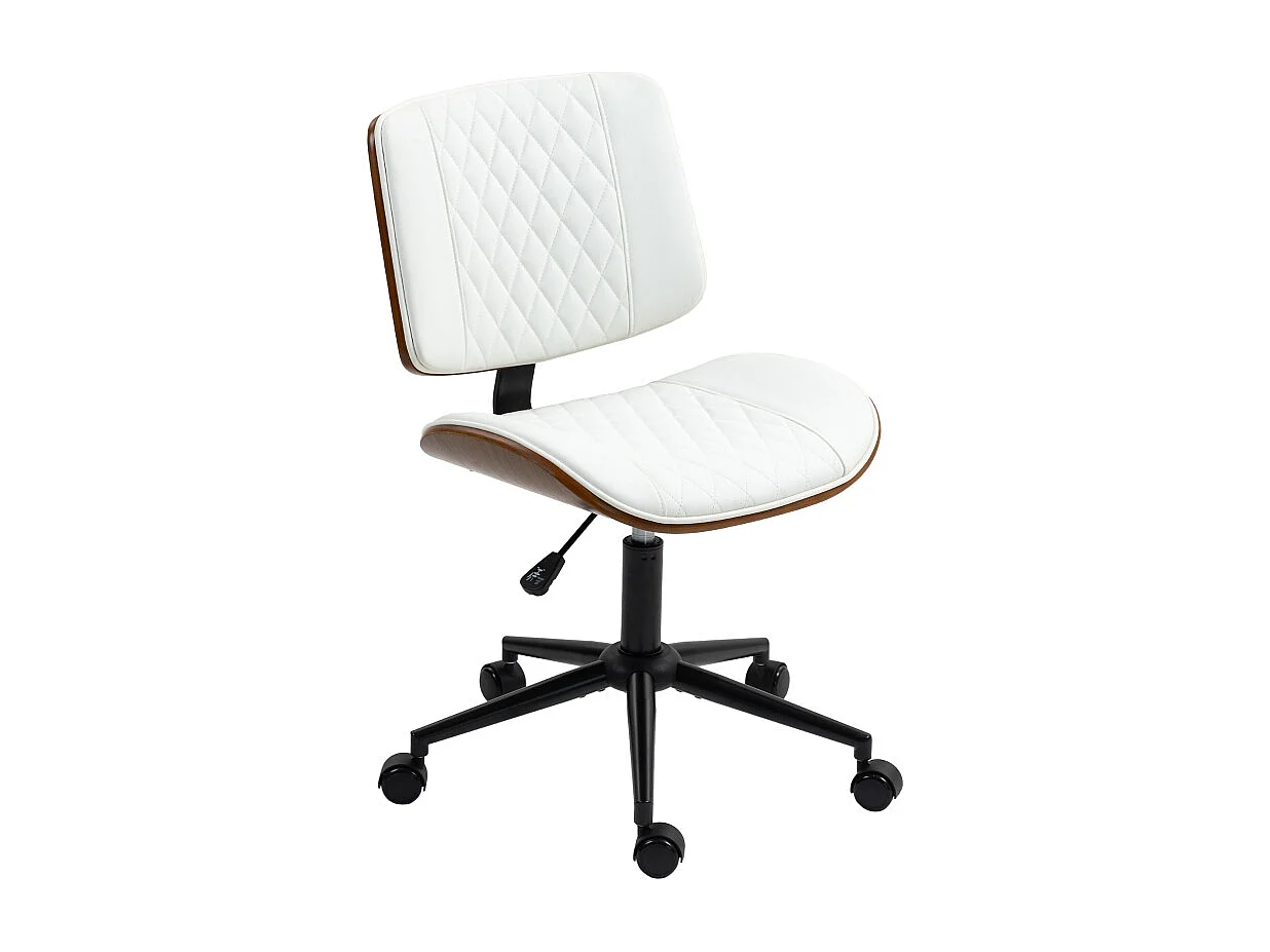 Chaise de bureau réglable avec roulettes, revêtement simili cuir blanc avec matelassage diamant, pivotante avec fonction bascule