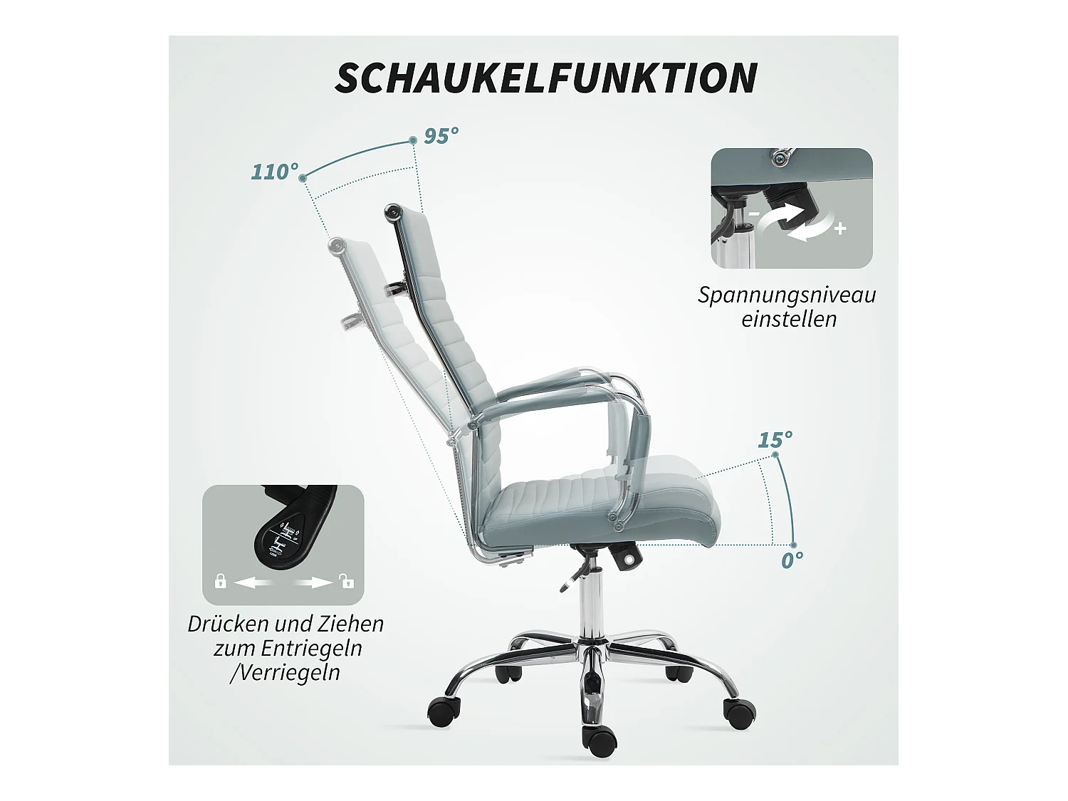 Fauteuil de bureau ergonomique avec fonction bascule et accoudoirs, réglable en hauteur, chaise d'ordinateur en simili cuir gris clair