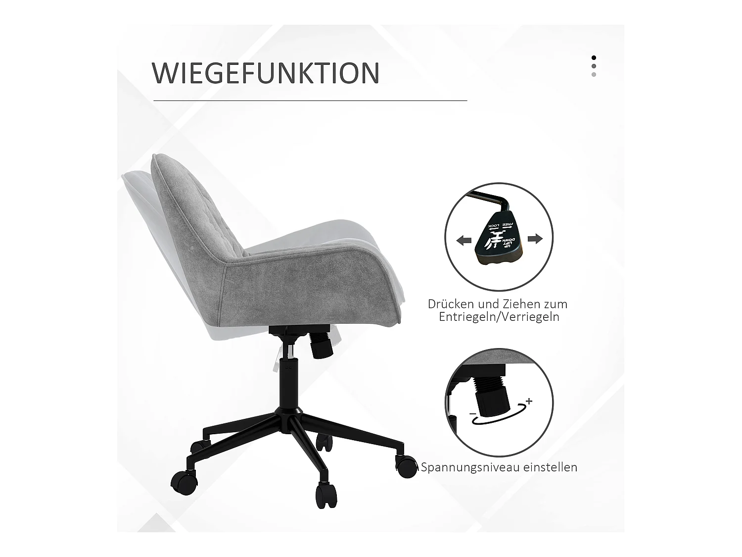 Chaise de bureau pivotante ergonomique en velours, hauteur réglable, gris clair, design confortable et élégant pour salon et espace de travail