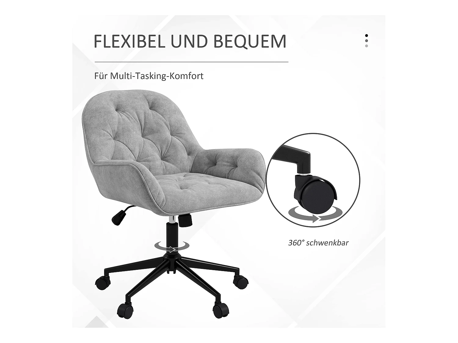 Chaise de bureau pivotante ergonomique en velours, hauteur réglable, gris clair, design confortable et élégant pour salon et espace de travail