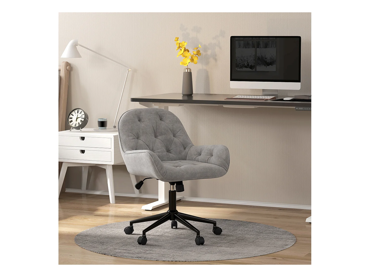 Ergonomische fluwelen draaibare bureaustoel, verstelbare hoogte, lichtgrijs, comfortabel en stijlvol design voor woonkamer en werkruimte