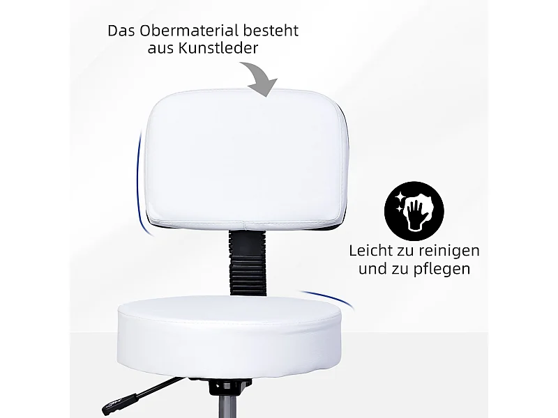 Tabouret de travail pivotant avec dossier et roulettes, réglable en hauteur, pour bureau, siège pratique et confortable, couleur blanc