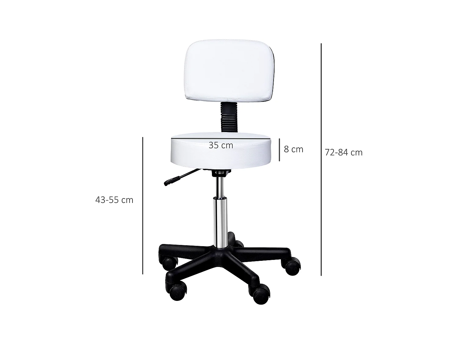 Tabouret de travail pivotant avec dossier et roulettes, réglable en hauteur, pour bureau, siège pratique et confortable, couleur blanc