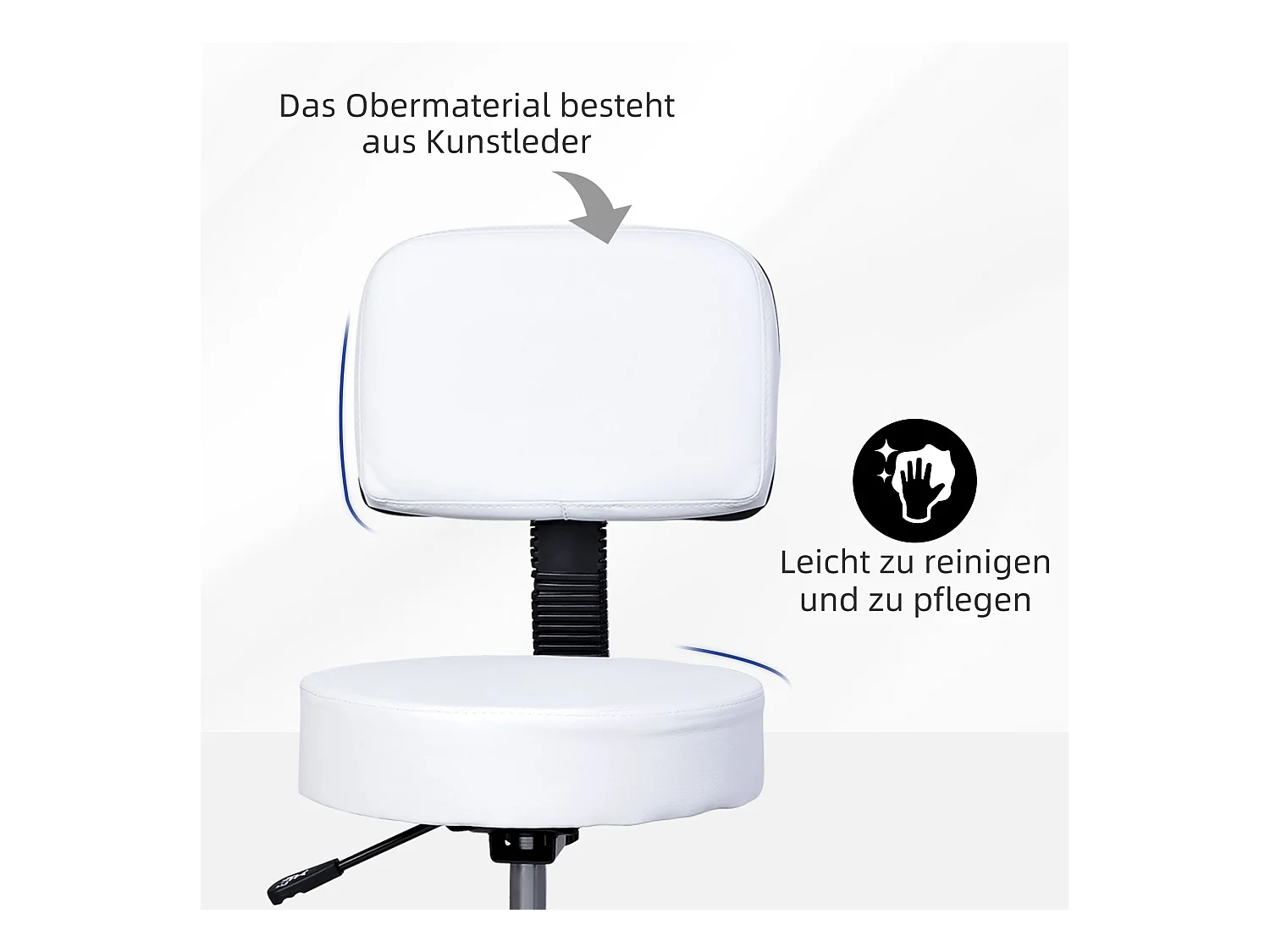 Draaibare werkkruk met rugleuning en wielen, in hoogte verstelbaar, voor op kantoor, praktische en comfortabele zitting, kleur wit