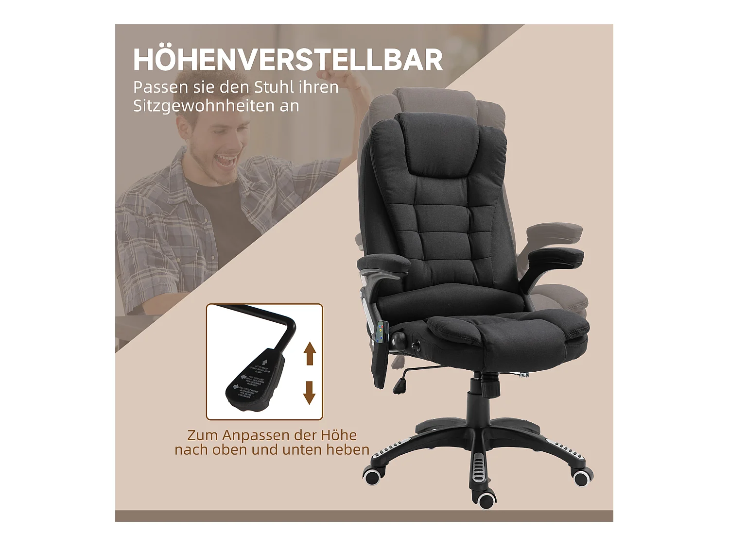 Fauteuil de bureau type gaming avec fonction massage, réglable en hauteur, noir,  confort optimal pour bureau ou home office