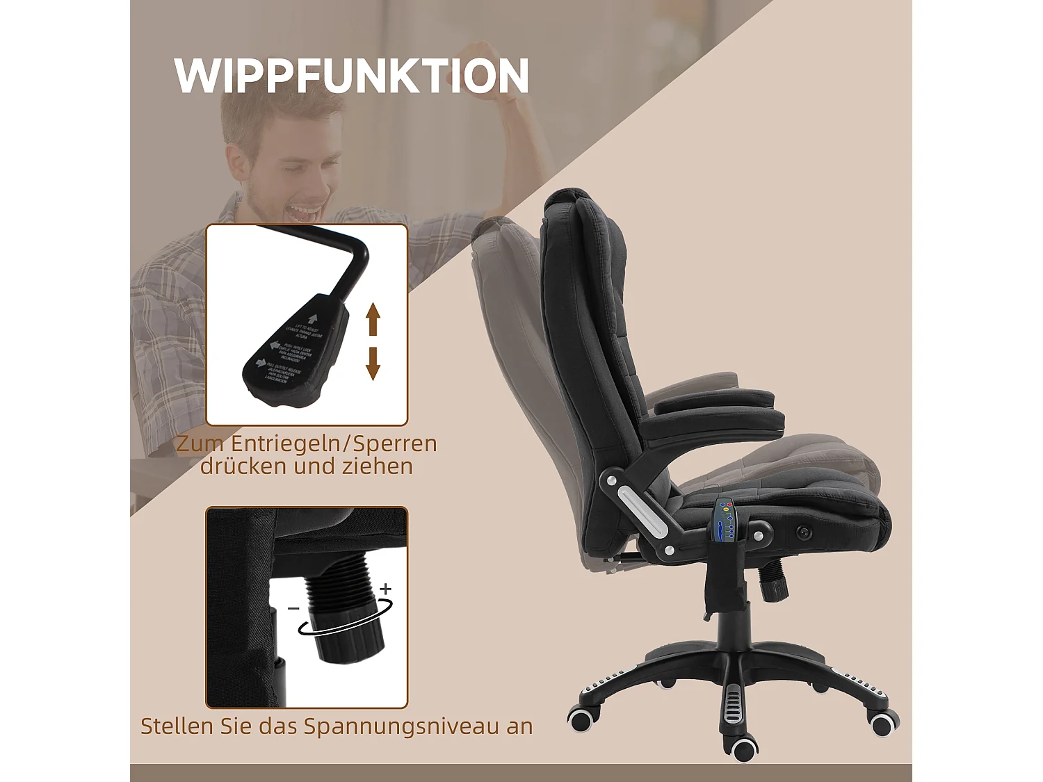 Fauteuil de bureau type gaming avec fonction massage, réglable en hauteur, noir,  confort optimal pour bureau ou home office