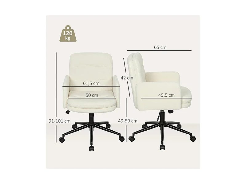 Chaise de bureau à roulettes, pivotante à 360°, avec accoudoirs, tissu respirant, 5 roues solides, design élégant, couleur blanc , confortable et pratique