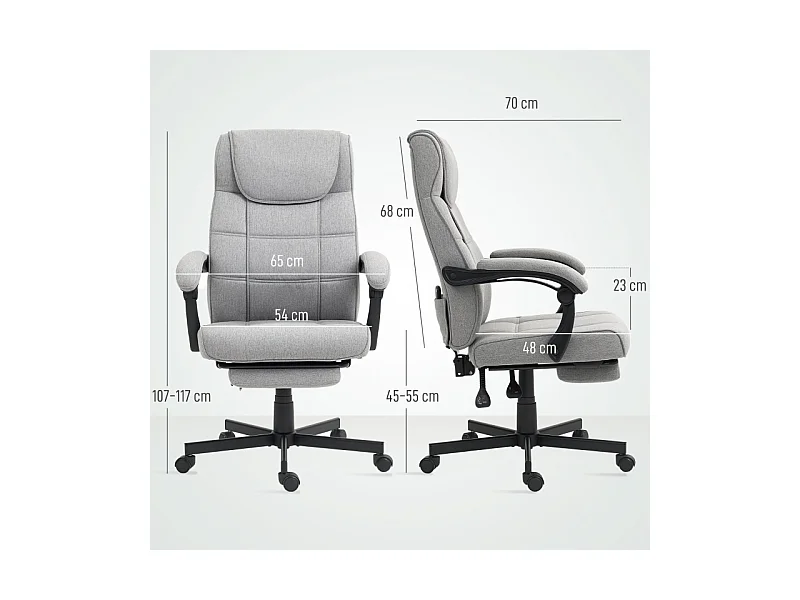 Chaise de bureau ergonomique avec massage et fonction inclinable, repose-pieds, réglable en hauteur, revêtement imitation lin, couleur gris