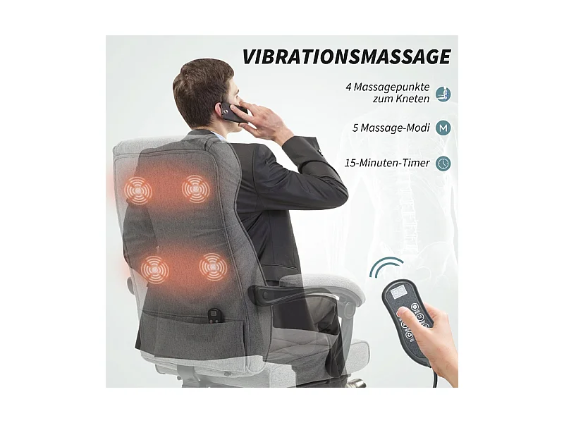 Chaise de bureau ergonomique avec massage et fonction inclinable, repose-pieds, réglable en hauteur, revêtement imitation lin, couleur gris