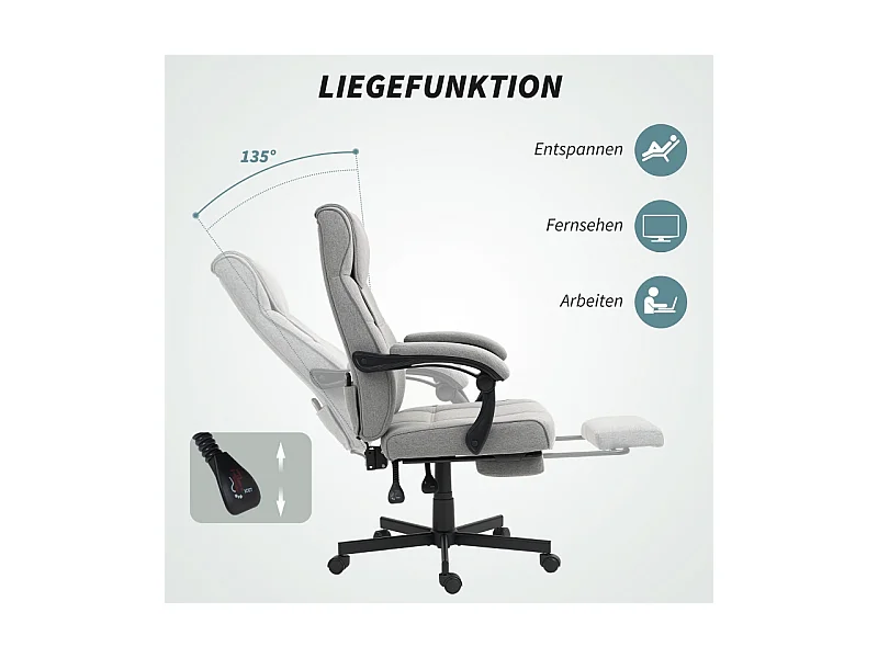 Ergonomische bureaustoel met massage- en relaxfunctie, voetenbankje, in hoogte verstelbaar, linnenlook bekleding, kleur grijs