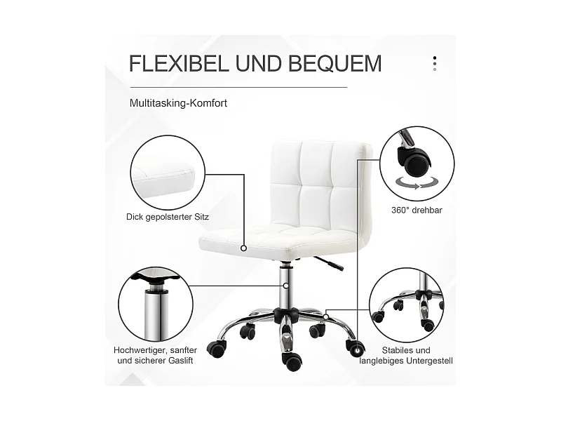 Chaise de bureau ergonomique, pivotante et réglable en hauteur, revêtement cuir synthétique blanc, idéale pour bureau ou salle de travail