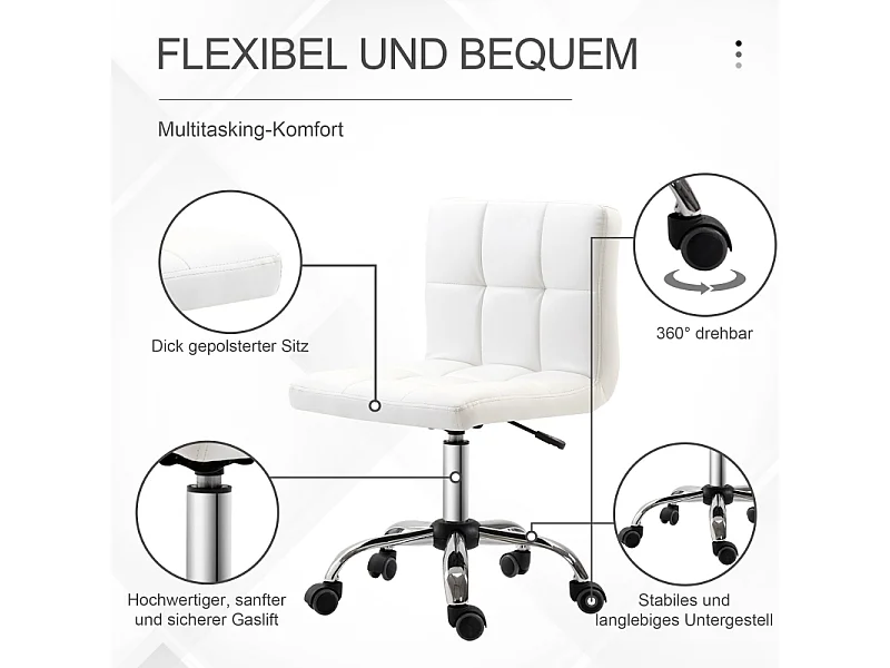 Chaise de bureau ergonomique, pivotante et réglable en hauteur, revêtement cuir synthétique blanc, idéale pour bureau ou salle de travail