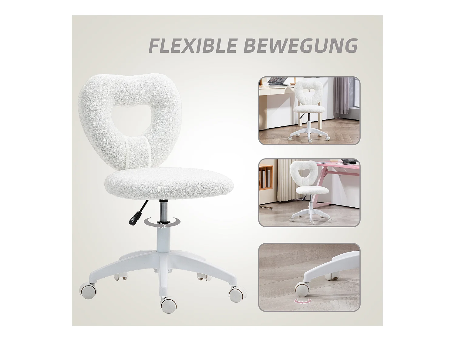 Chaise de bureau pivotante pour home office, dossier en forme de cœur, réglable en hauteur, en peluche Teddy, chaise coiffeuse blanche