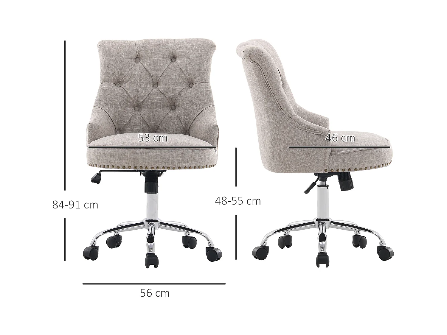 Fauteuil pivotant, ergonomique et rembourré, réglable en hauteur, design rétro, lin gris clair, supporte jusqu'à 150 kg, 54x65,5x84-91 cm