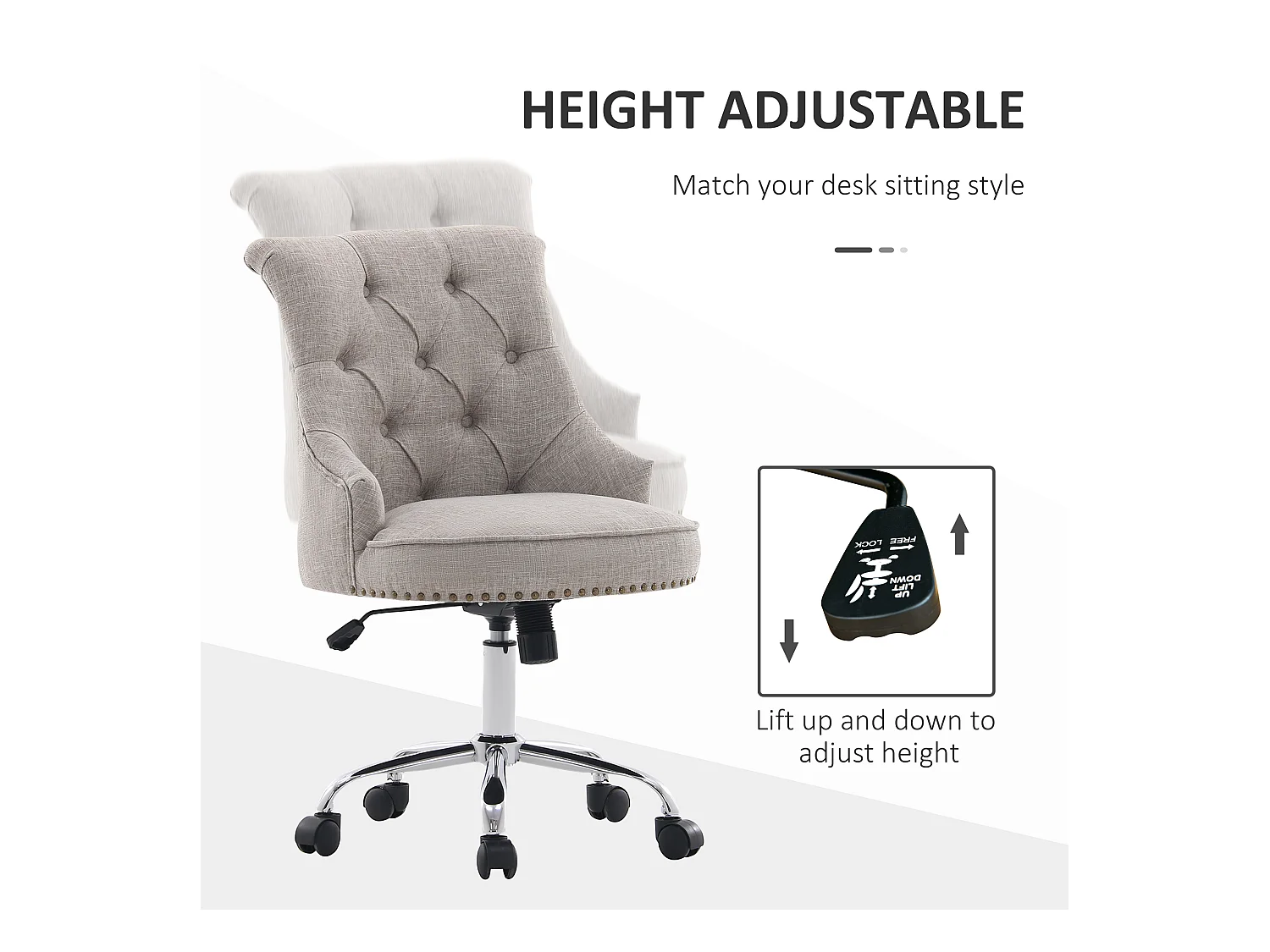 Fauteuil pivotant, ergonomique et rembourré, réglable en hauteur, design rétro, lin gris clair, supporte jusqu'à 150 kg, 54x65,5x84-91 cm