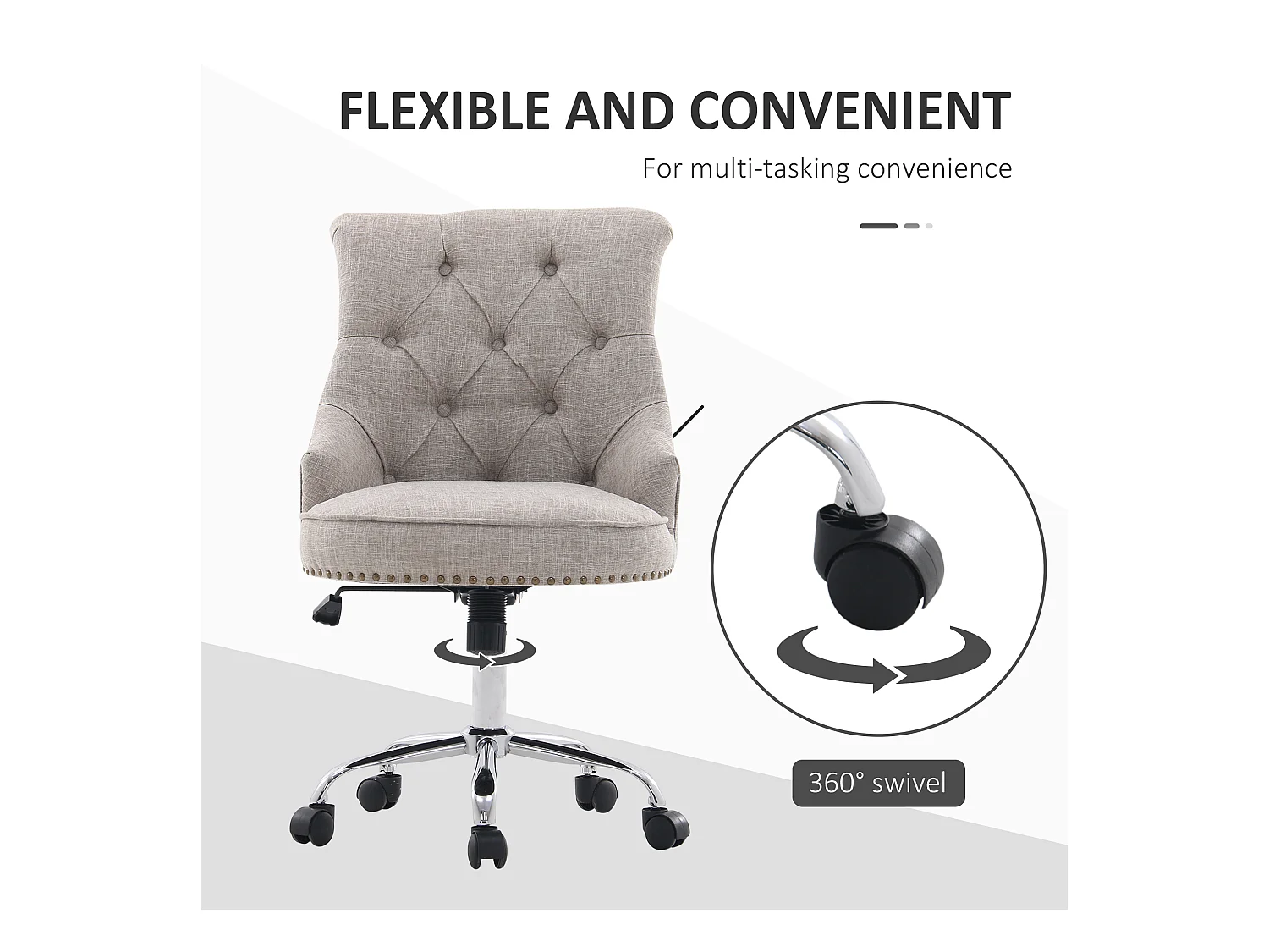 Fauteuil pivotant, ergonomique et rembourré, réglable en hauteur, design rétro, lin gris clair, supporte jusqu'à 150 kg, 54x65,5x84-91 cm