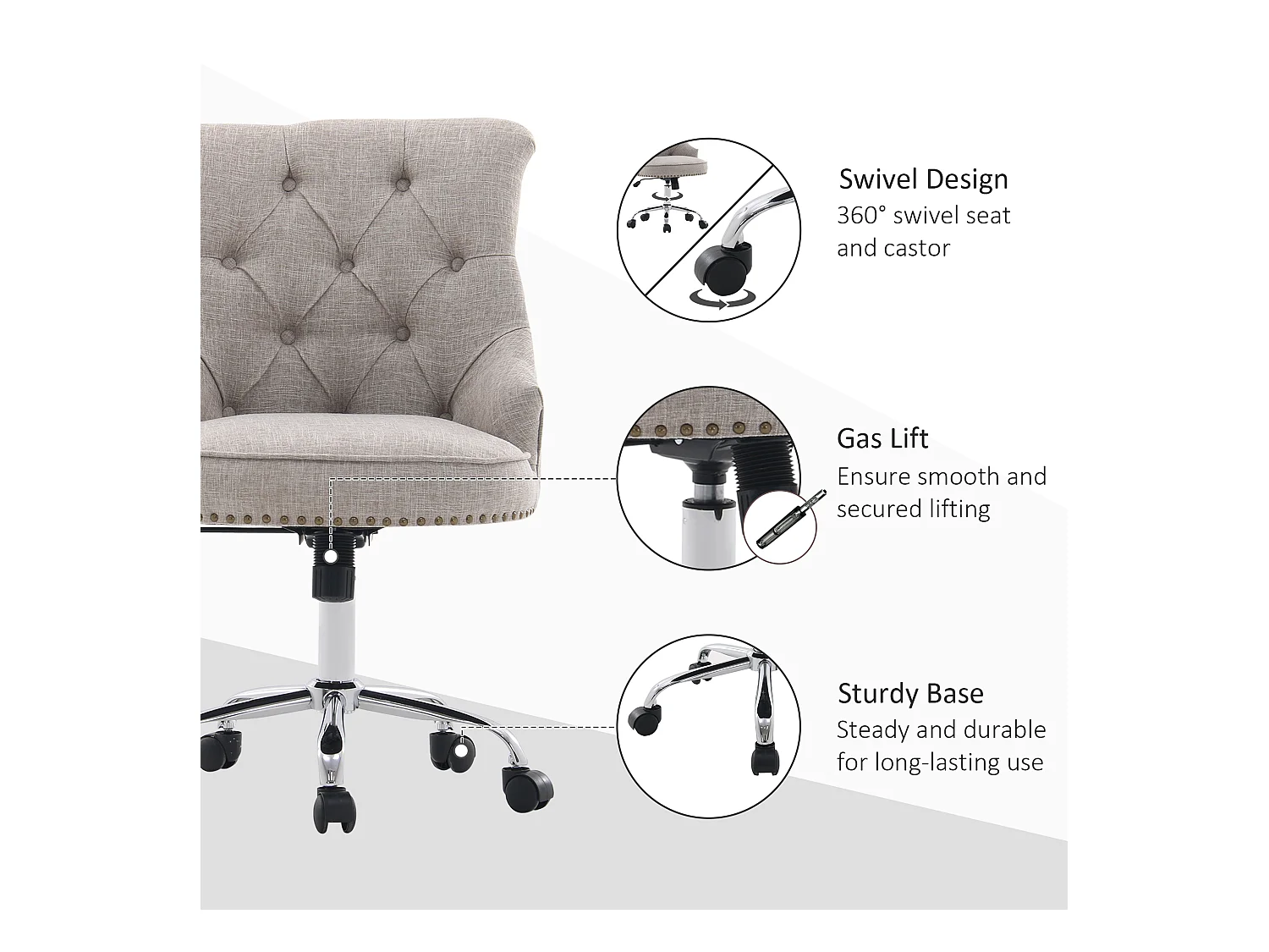Fauteuil pivotant, ergonomique et rembourré, réglable en hauteur, design rétro, lin gris clair, supporte jusqu'à 150 kg, 54x65,5x84-91 cm