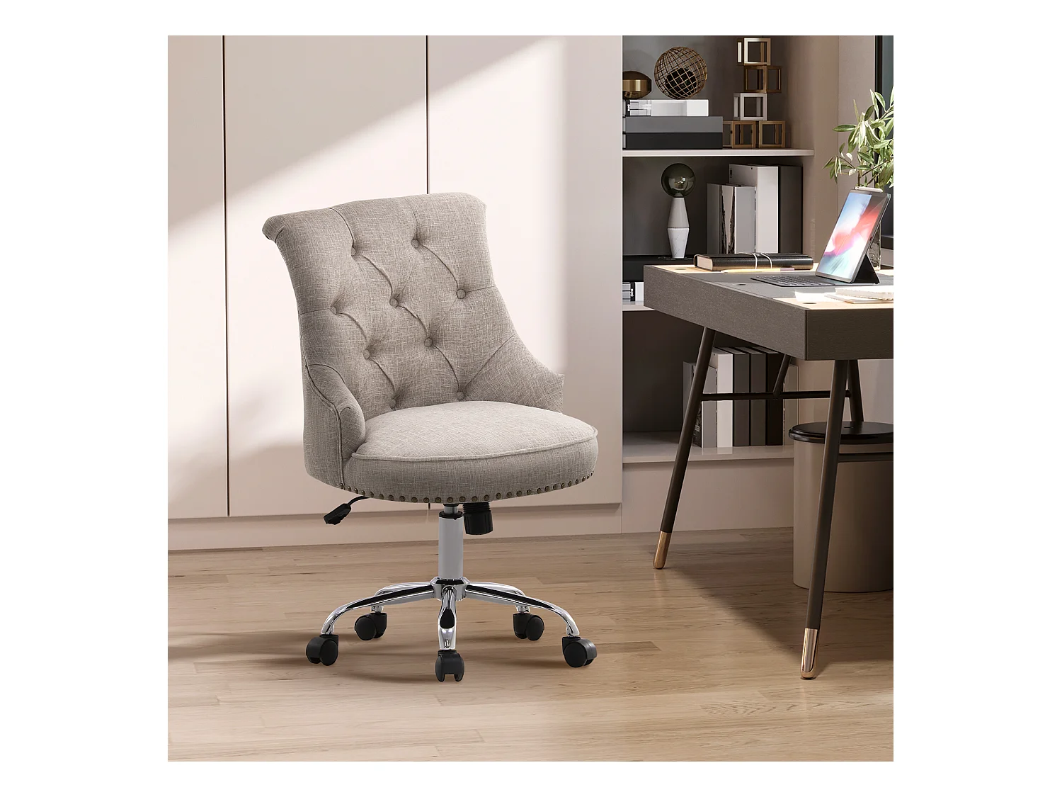 Draaifauteuil, ergonomisch en gewatteerd, in hoogte verstelbaar, retrodesign, lichtgrijs linnen, belastbaar tot 150 kg, 54x65,5x84-91 cm