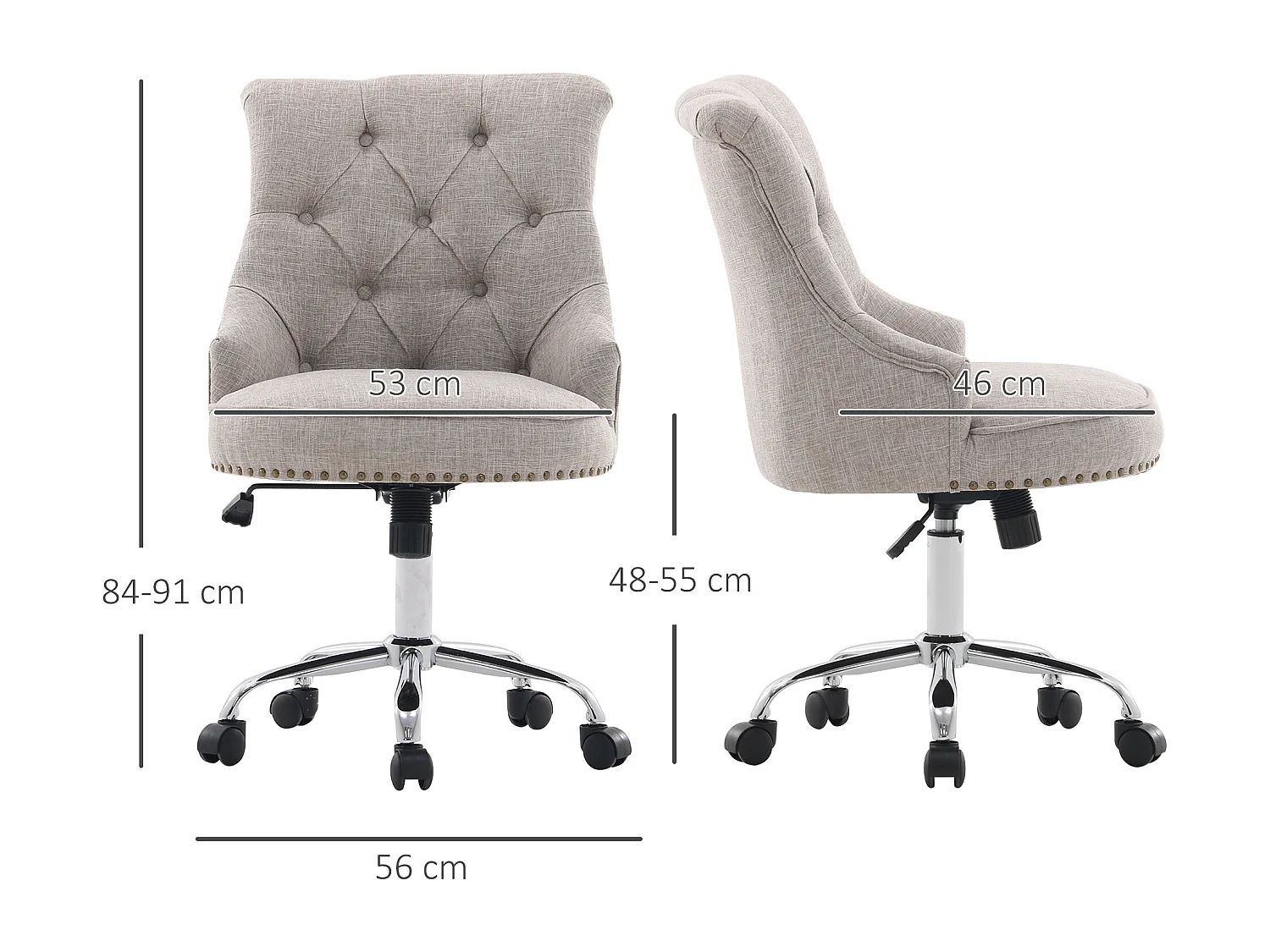 Poltrona giratória, ergonômica e acolchoada, regulável em altura, design retrô, linho cinza claro, suporta até 150 kg, 54x65,5x84-91 cm