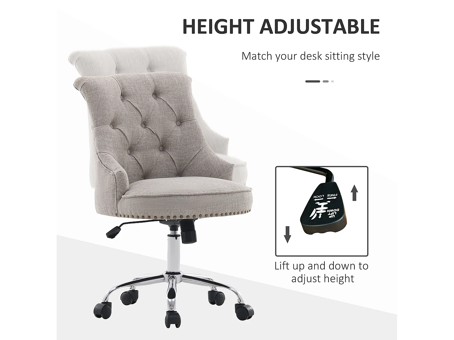 Poltrona giratória, ergonômica e acolchoada, regulável em altura, design retrô, linho cinza claro, suporta até 150 kg, 54x65,5x84-91 cm