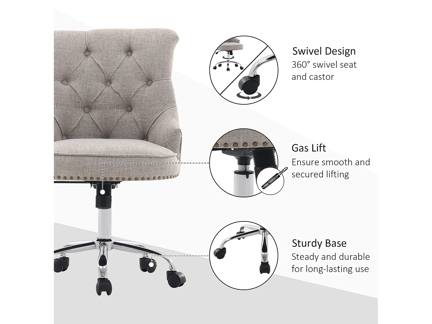 Poltrona giratória, ergonômica e acolchoada, regulável em altura, design retrô, linho cinza claro, suporta até 150 kg, 54x65,5x84-91 cm