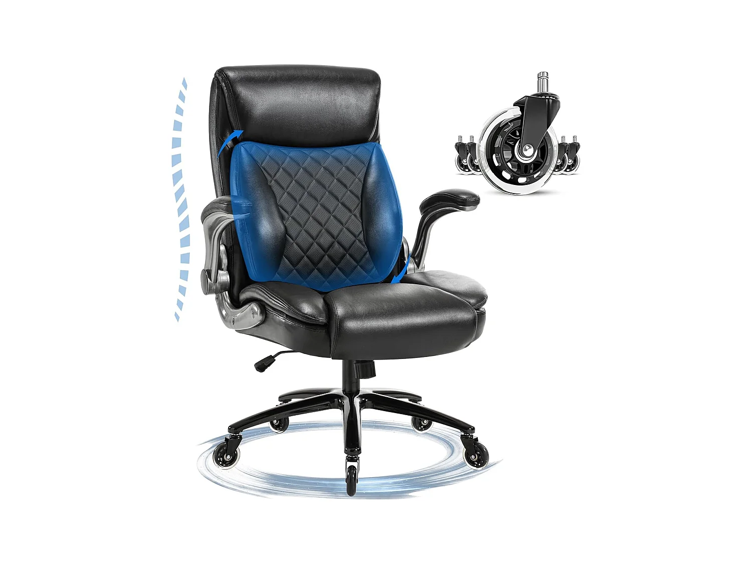 Fauteuil de bureau ergonomique avec dossier haut, accoudoirs relevables, capacité 200 kg, revêtement simili cuir PU, couleur noir