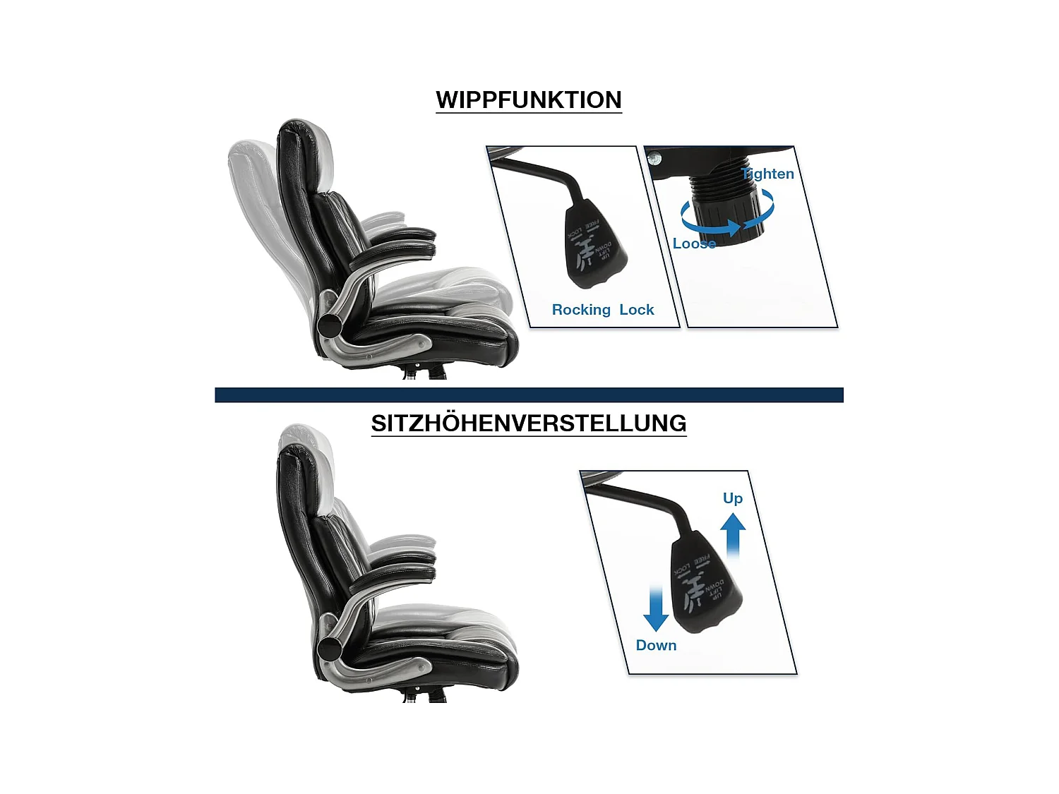 Fauteuil de bureau ergonomique avec dossier haut, accoudoirs relevables, capacité 200 kg, revêtement simili cuir PU, couleur noir