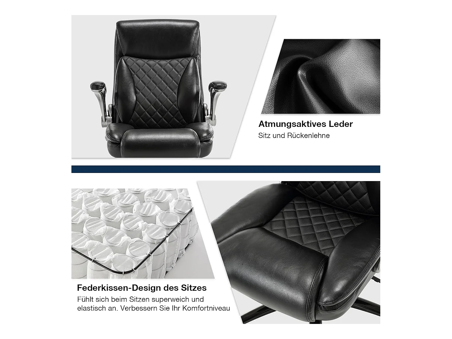 Fauteuil de bureau ergonomique avec dossier haut, accoudoirs relevables, capacité 200 kg, revêtement simili cuir PU, couleur noir