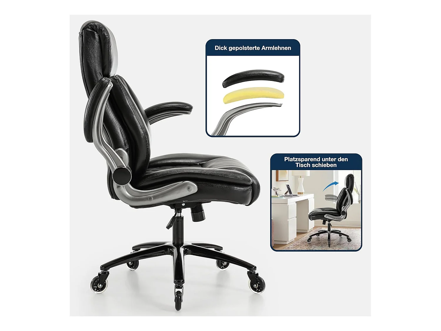 Fauteuil de bureau ergonomique avec dossier haut, accoudoirs relevables, capacité 200 kg, revêtement simili cuir PU, couleur noir