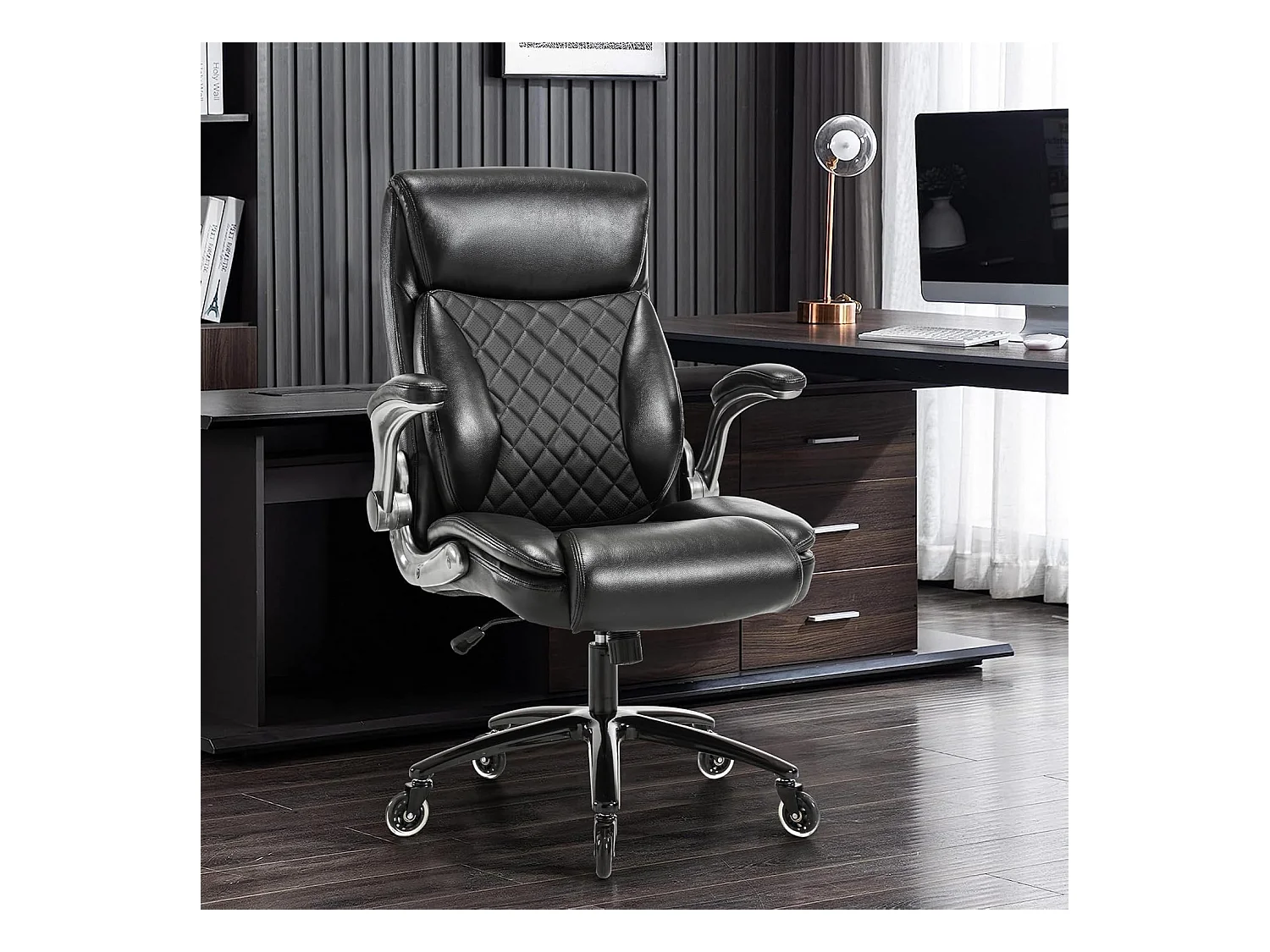 Ergonomische bureaustoel met hoge rugleuning, verstelbare armleuningen, belastbaarheid 200 kg, bekleding van PU-leer, kleur zwart