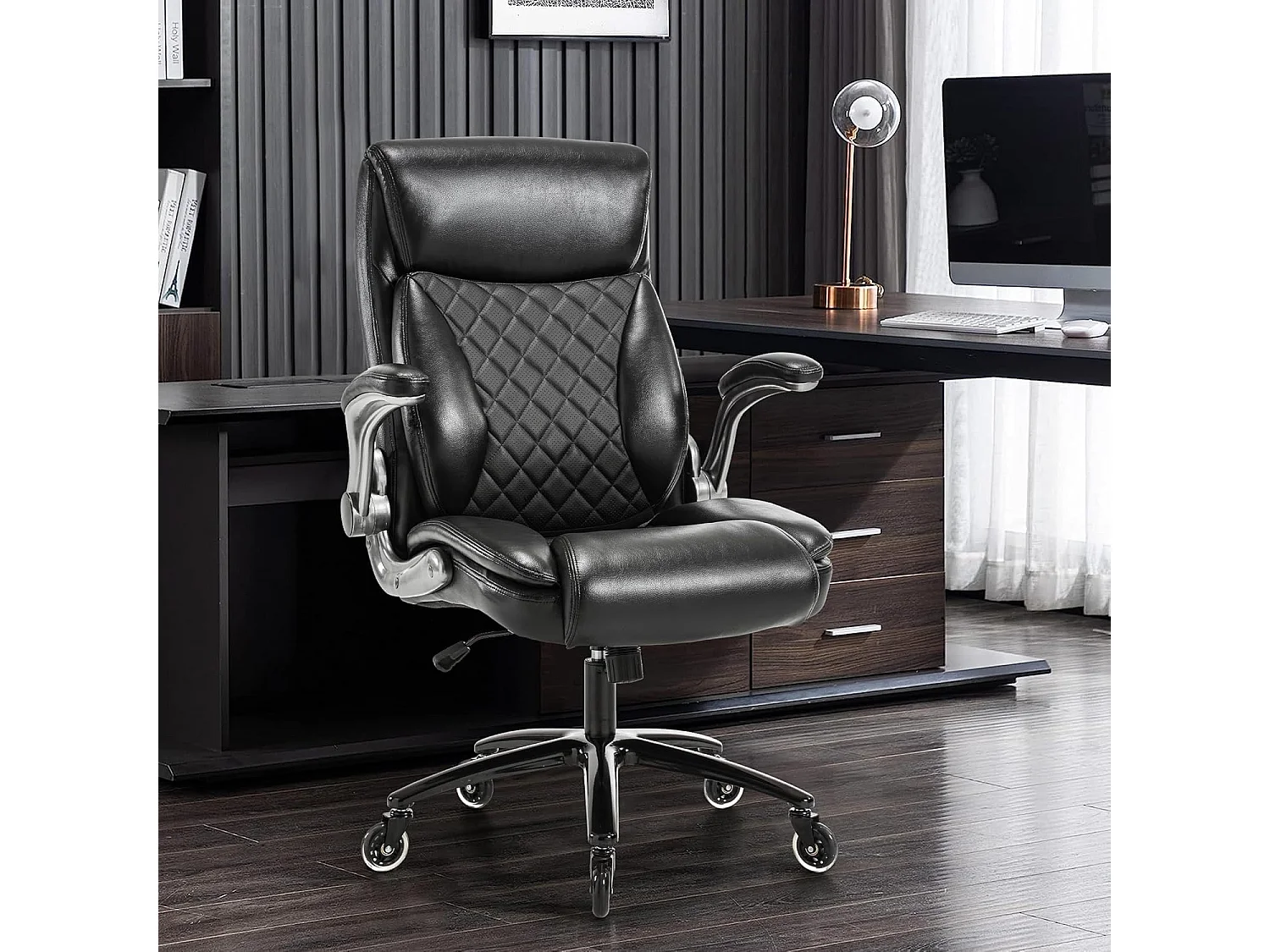 Ergonomische bureaustoel met hoge rugleuning, verstelbare armleuningen, belastbaarheid 200 kg, bekleding van PU-leer, kleur zwart