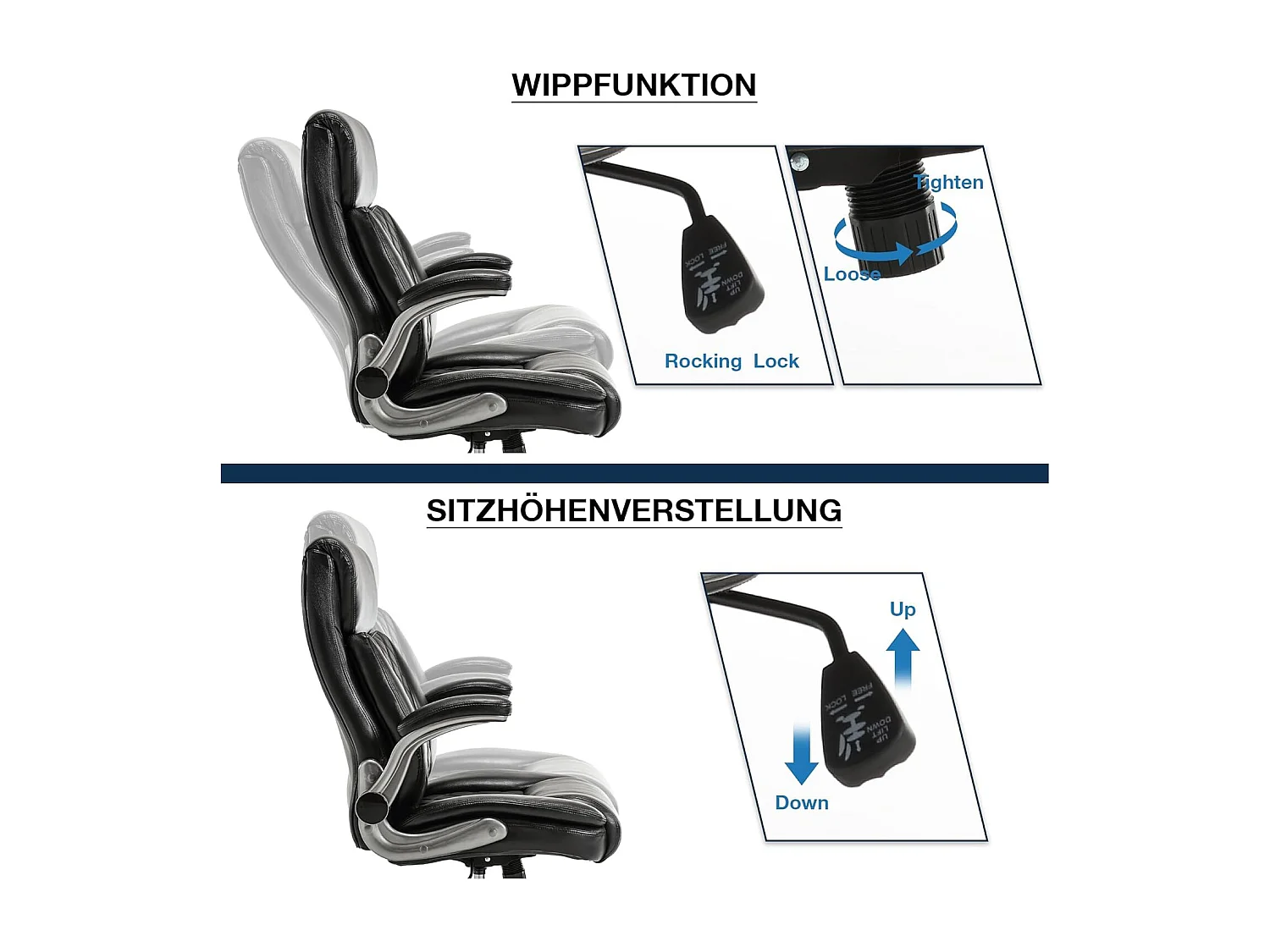 Ergonomische bureaustoel met hoge rugleuning, verstelbare armleuningen, belastbaarheid 200 kg, bekleding van PU-leer, kleur zwart